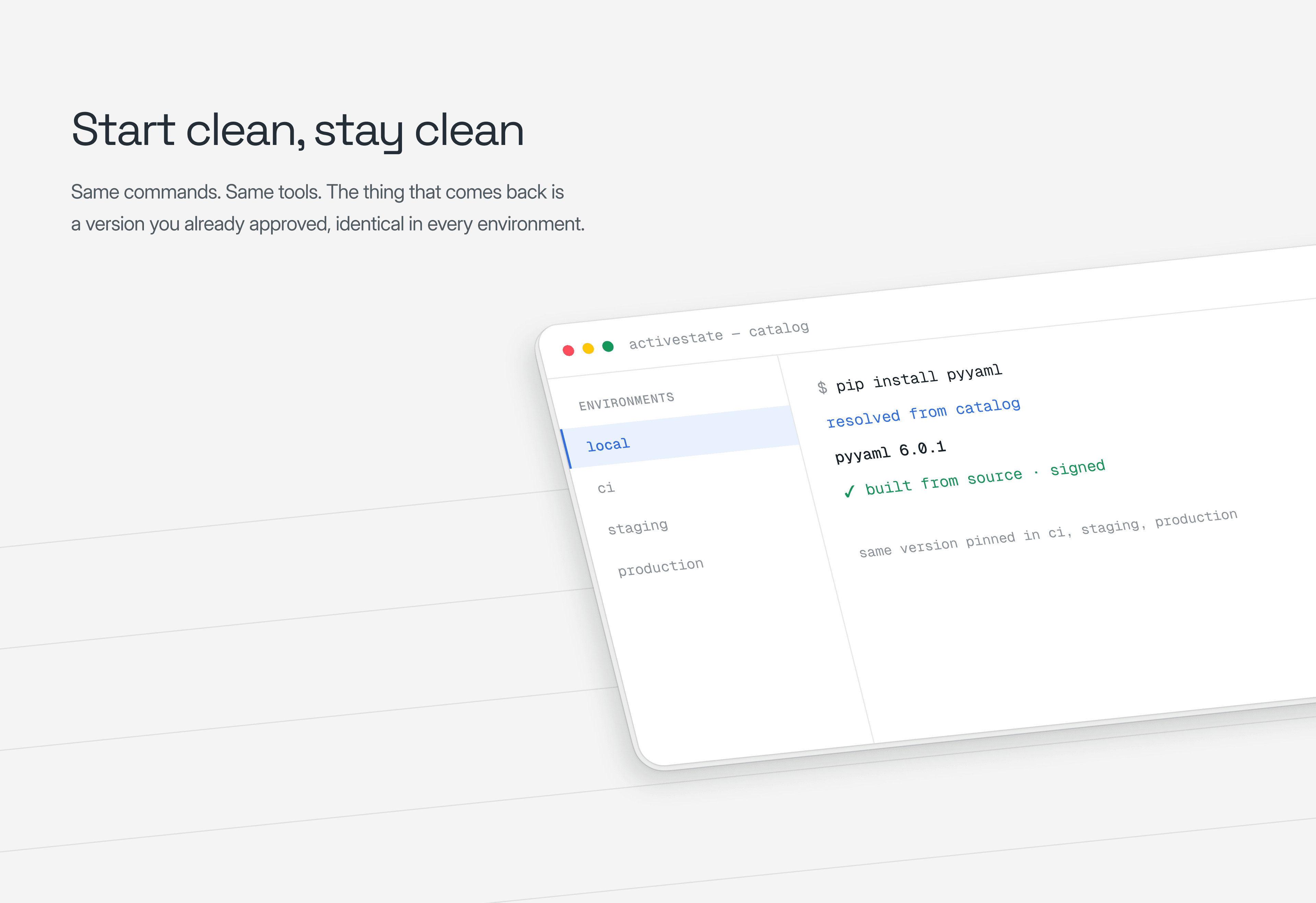 ActiveState catalog section with the headline “Start clean, stay clean” and a terminal-style package resolution interface