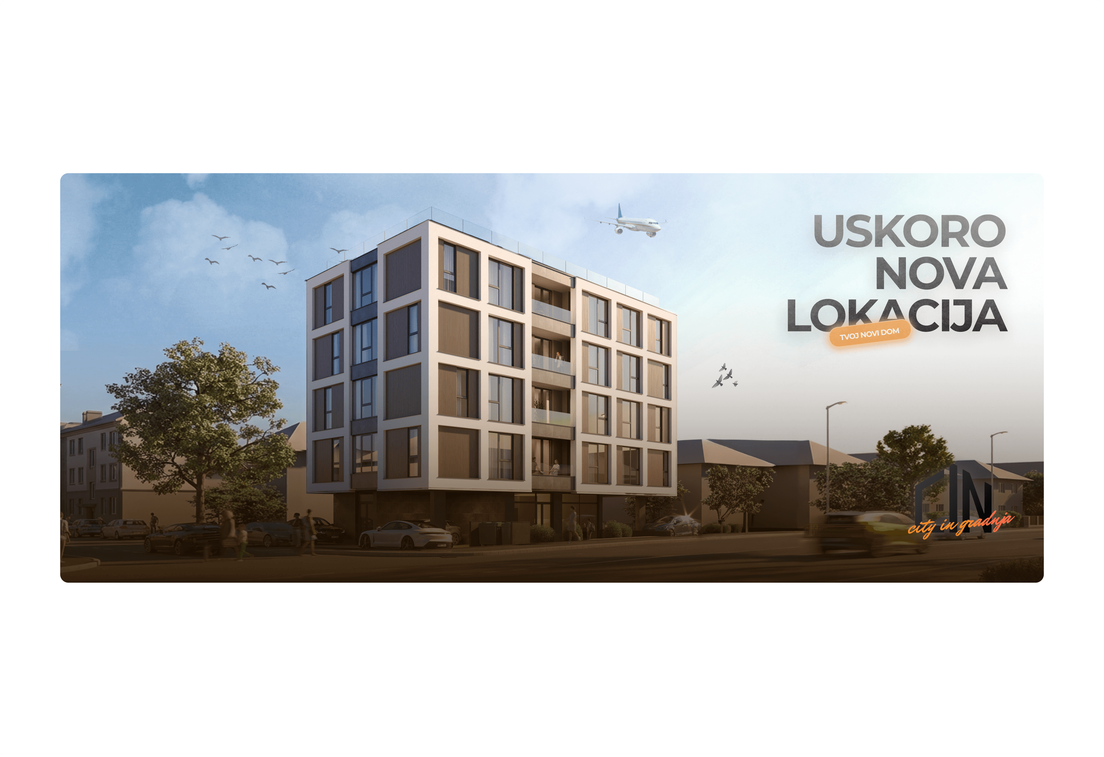 CITY IN gradnja billboard announcing a new location, with a building render