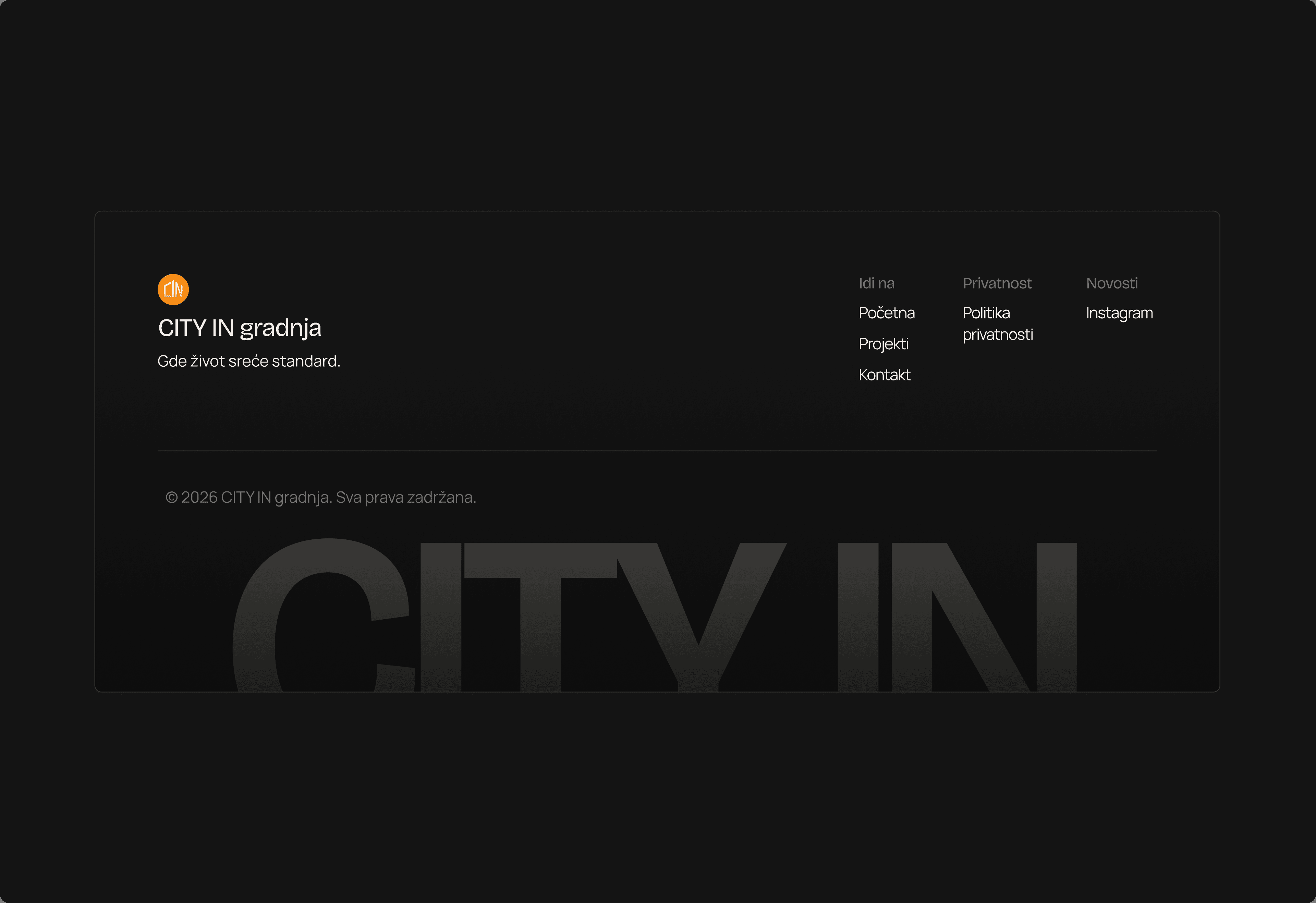 CITY IN gradnja footer with navigation links and a large wordmark