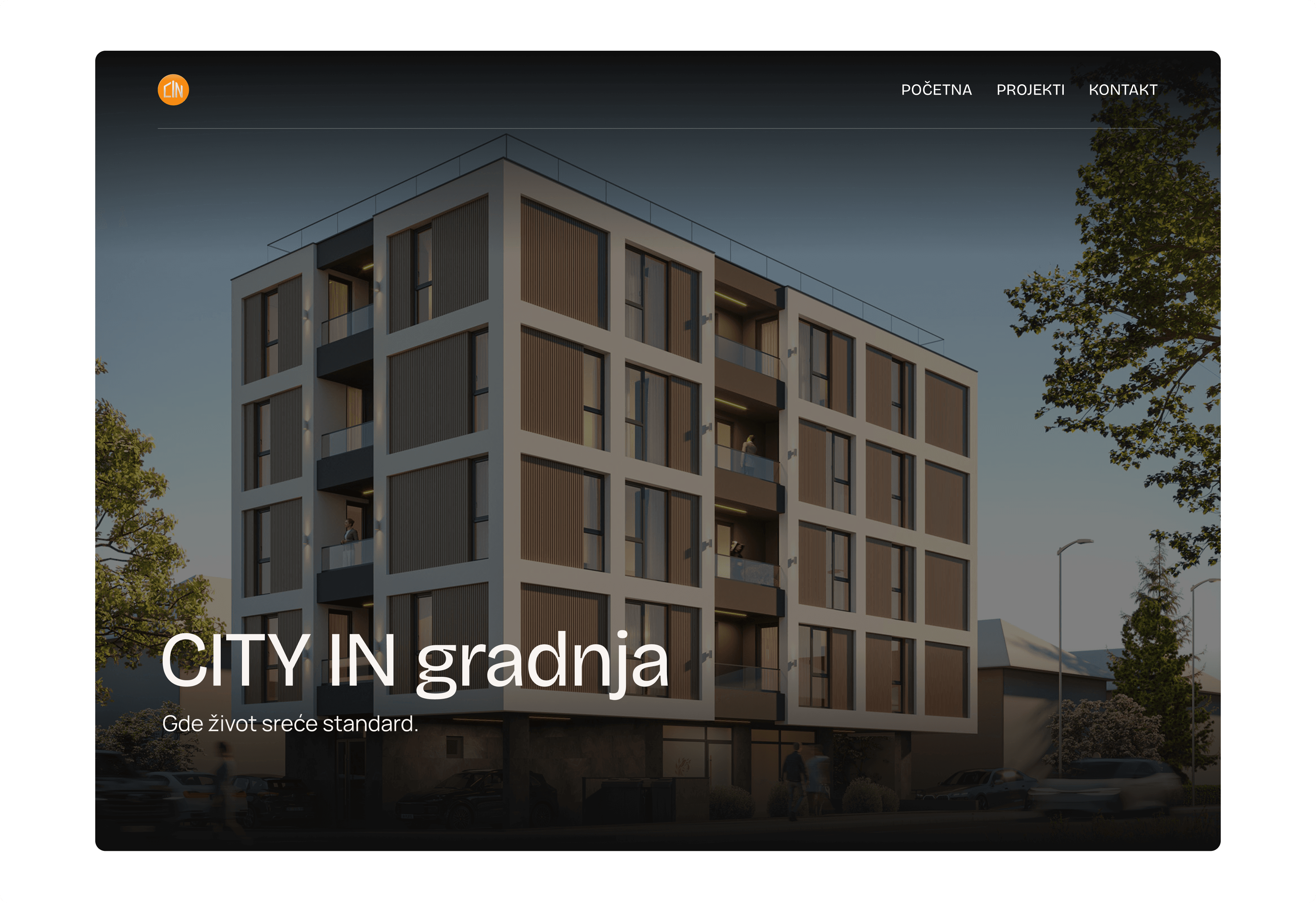 CITY IN gradnja homepage hero showing a render of the residential building