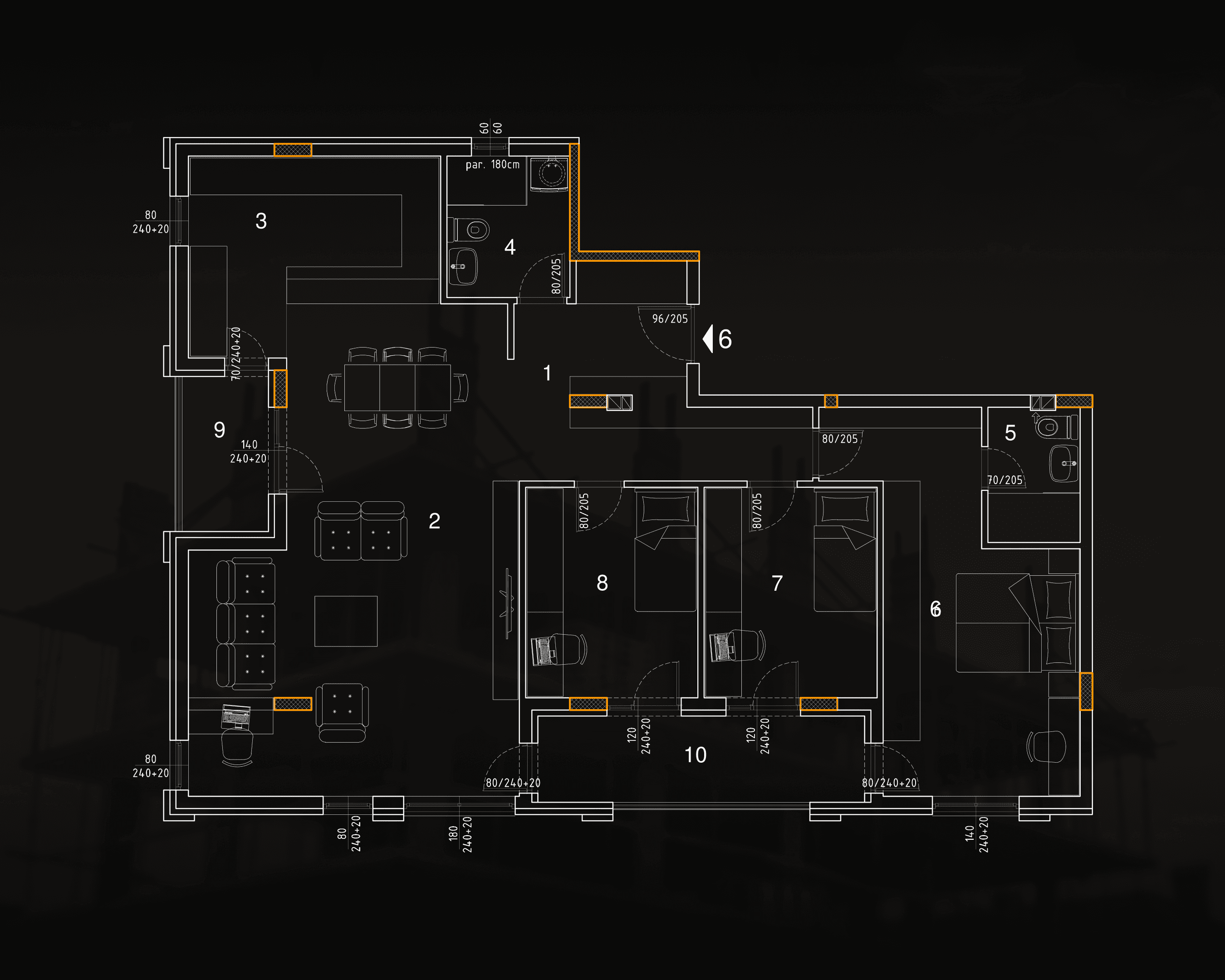 CITY IN gradnja social story showing a detailed apartment floor plan on a dark background
