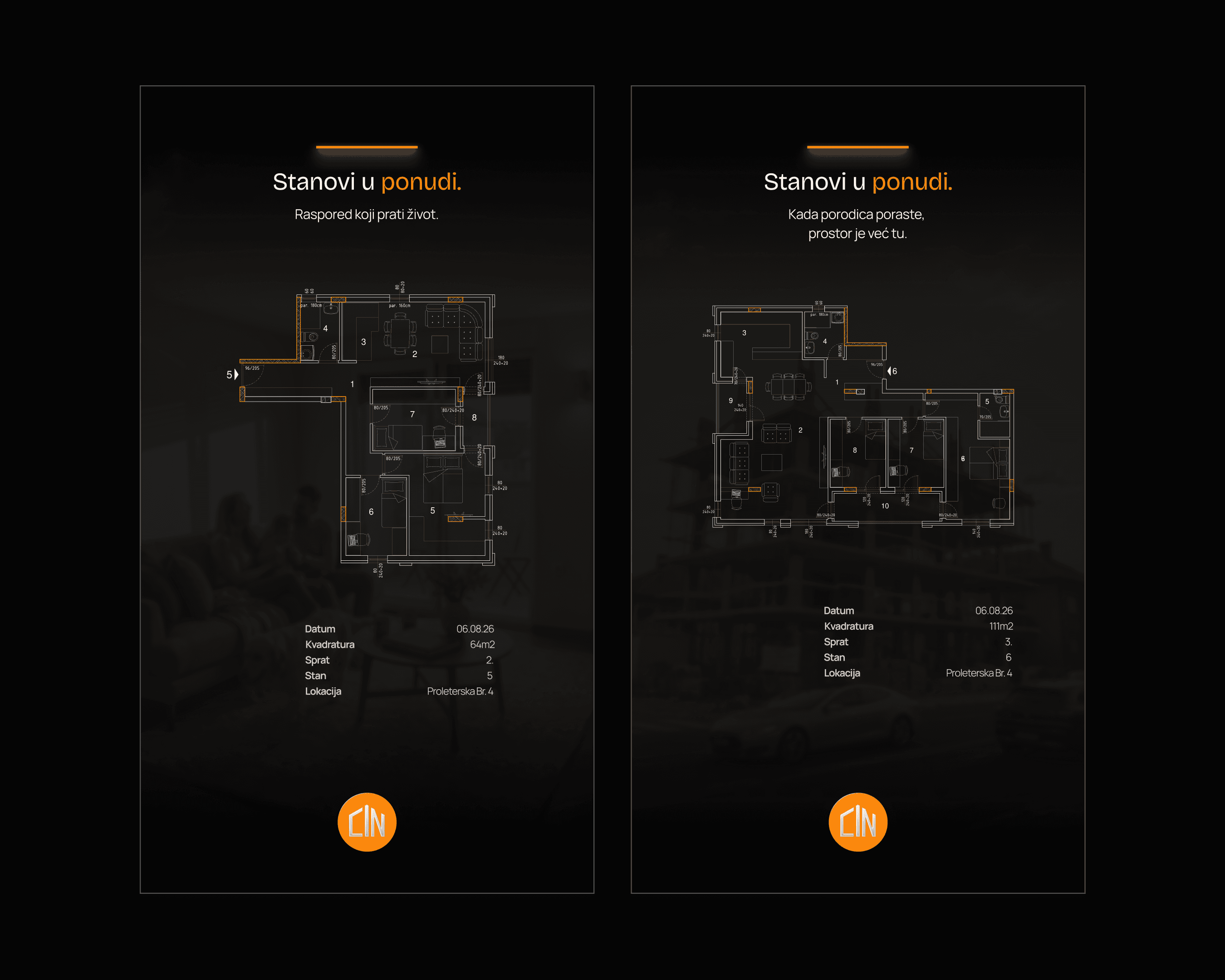 Two CITY IN gradnja social stories presenting available apartments with floor plans and property details