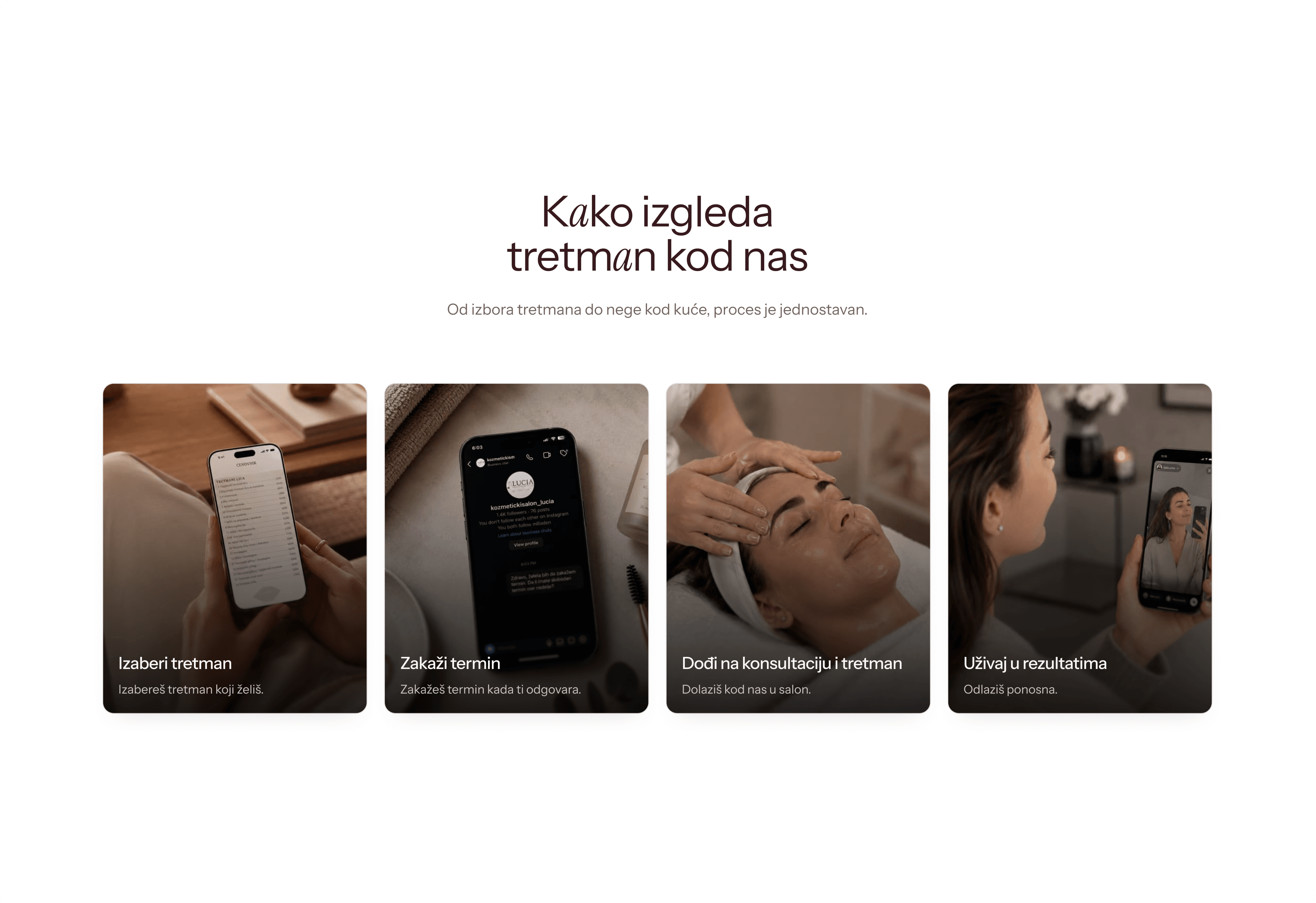 Lucia skincare studio treatment process section with four photo cards