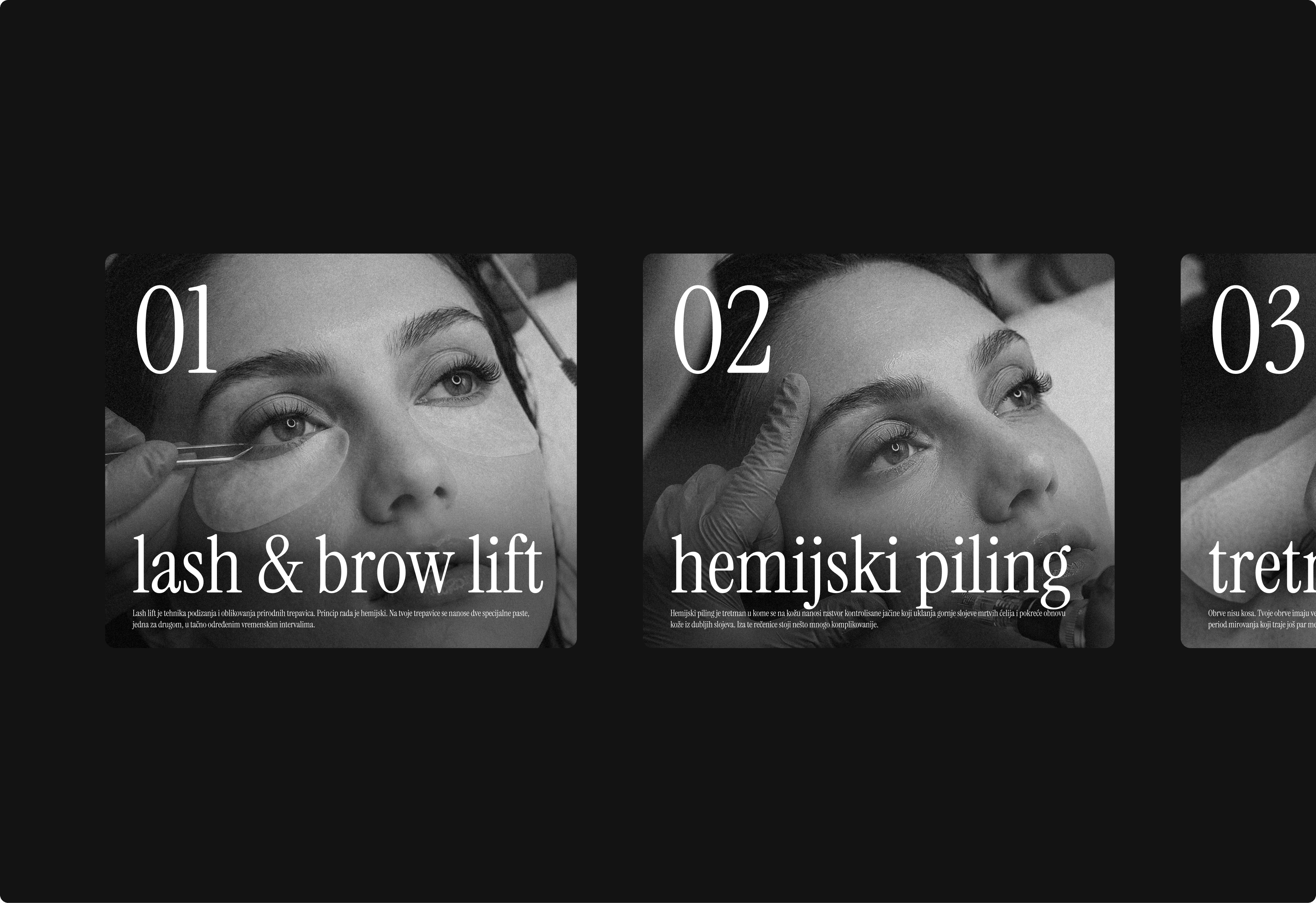 Lucia skincare studio services carousel with numbered treatment cards