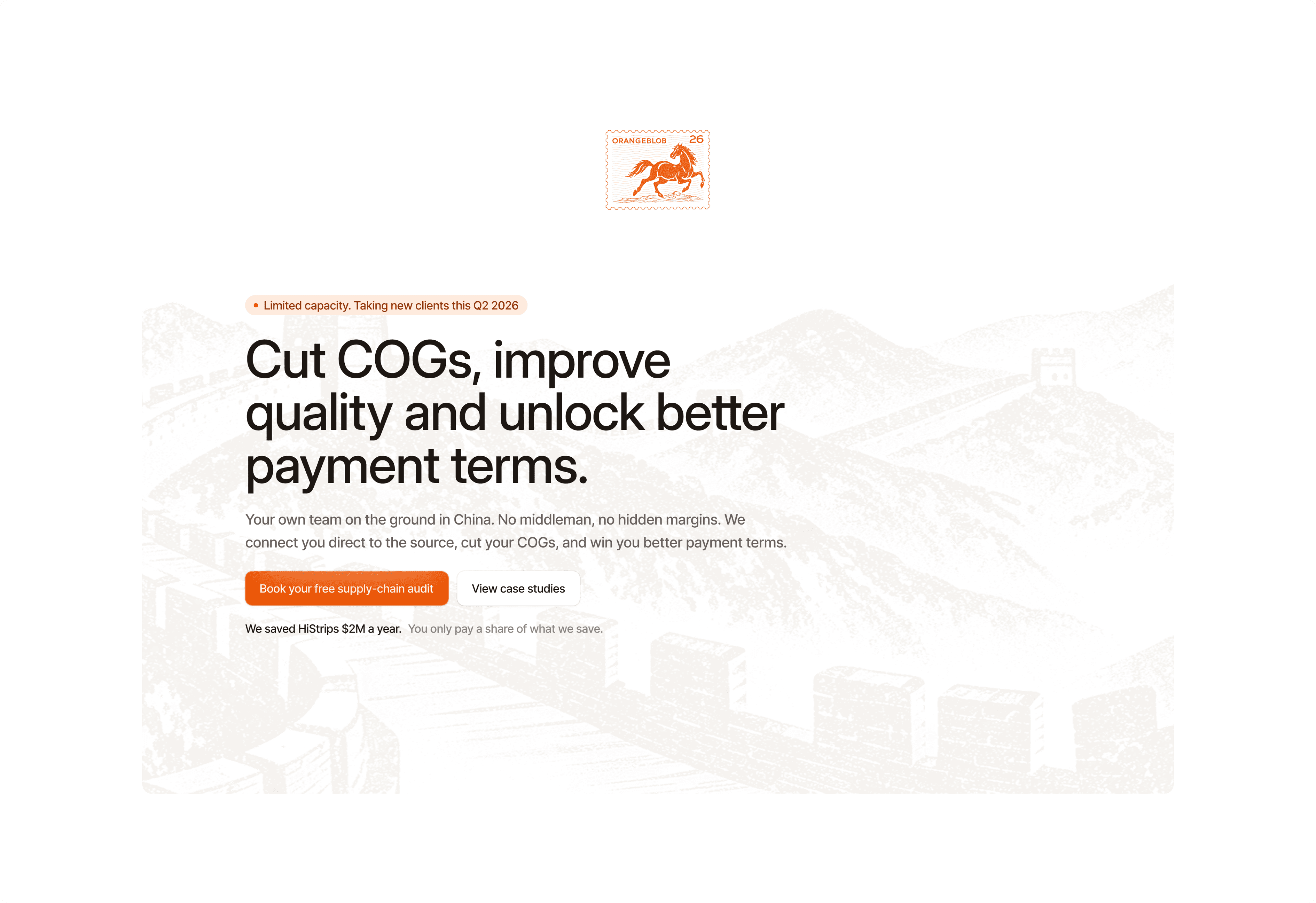 Orangeblob homepage hero with the headline “Cut COGs, improve quality and unlock better payment terms.”