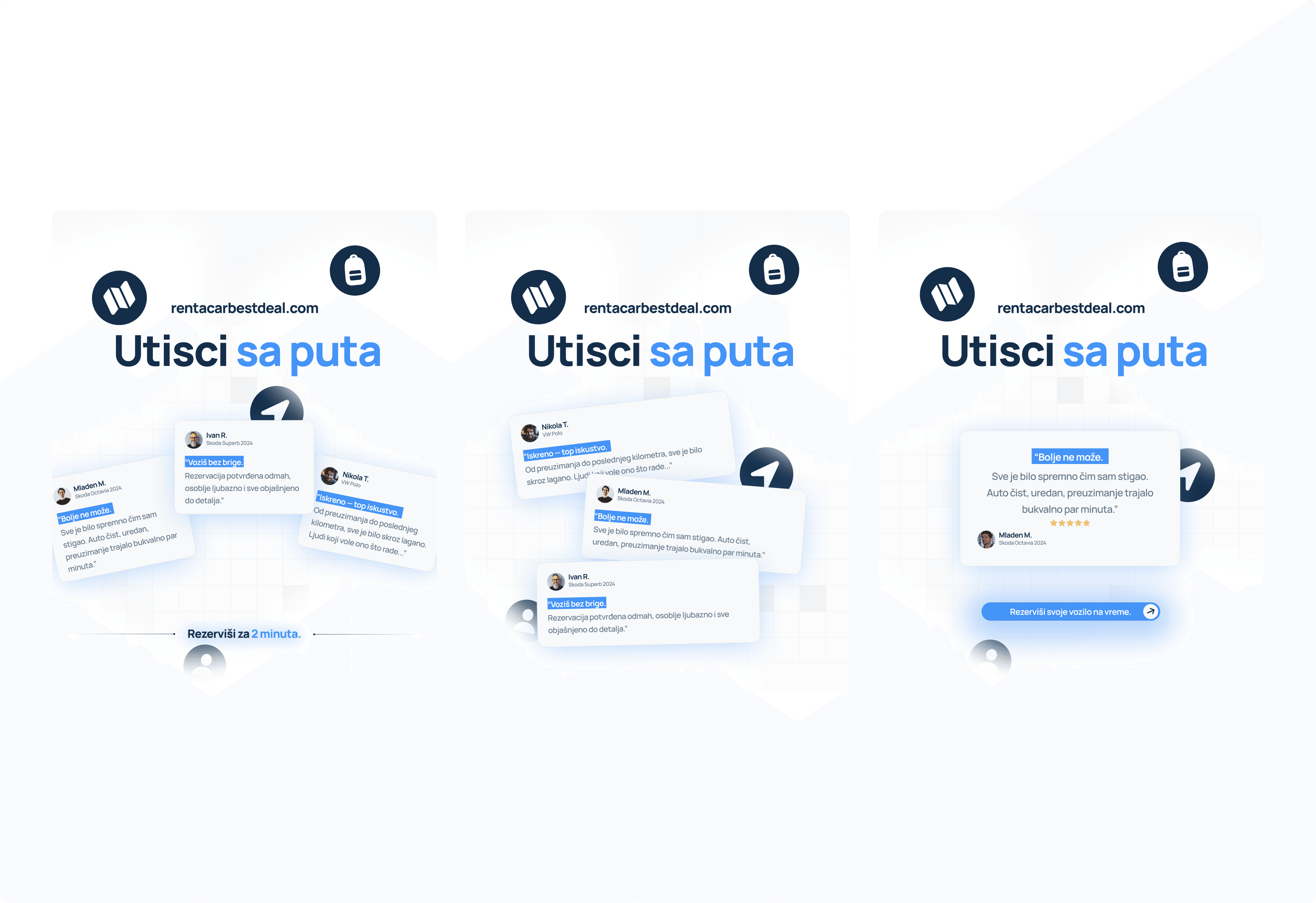 Three rentacarbestdeal.com social posts presenting customer reviews
