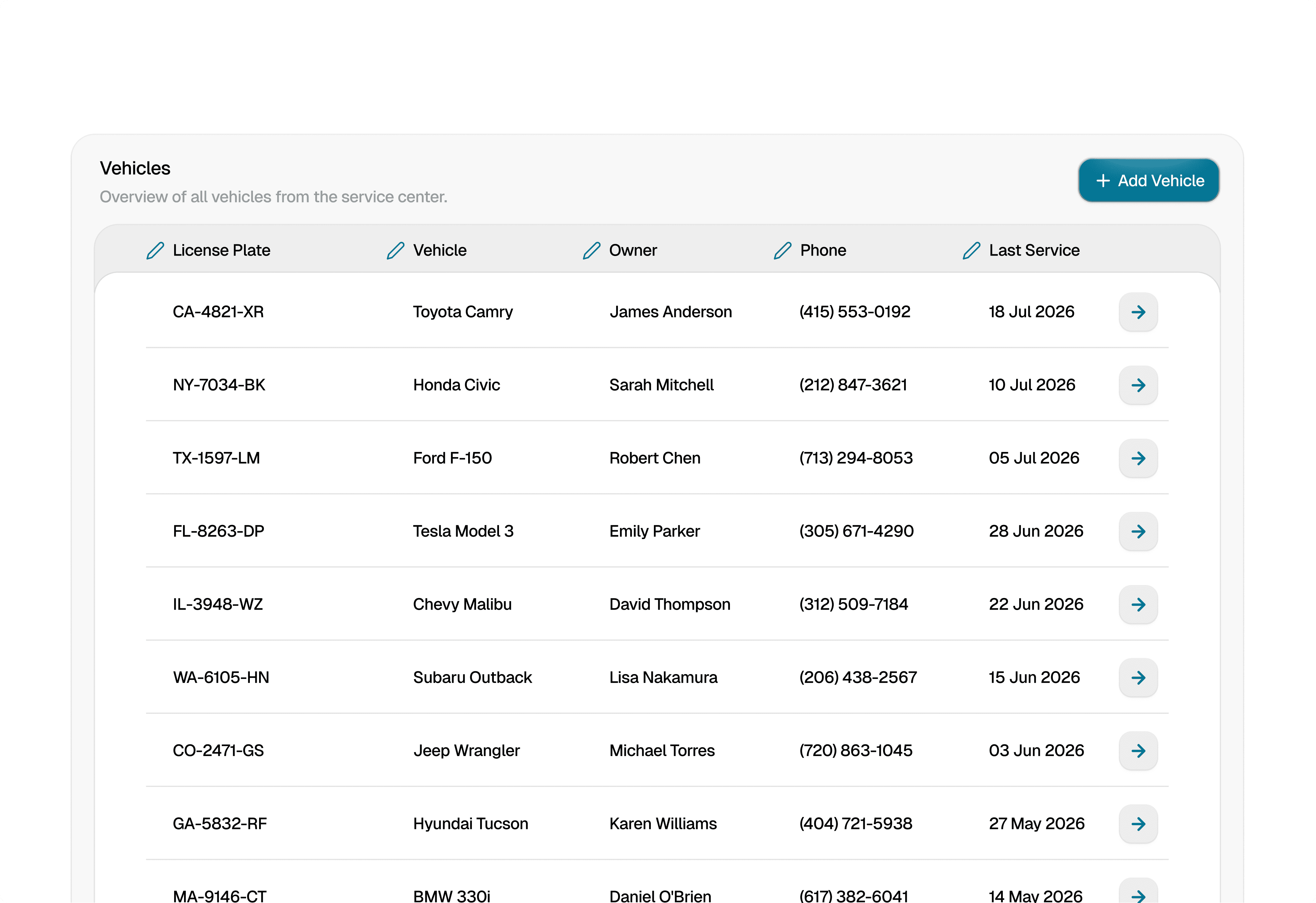 Vehicle management app showing the service centre's vehicle list in a table