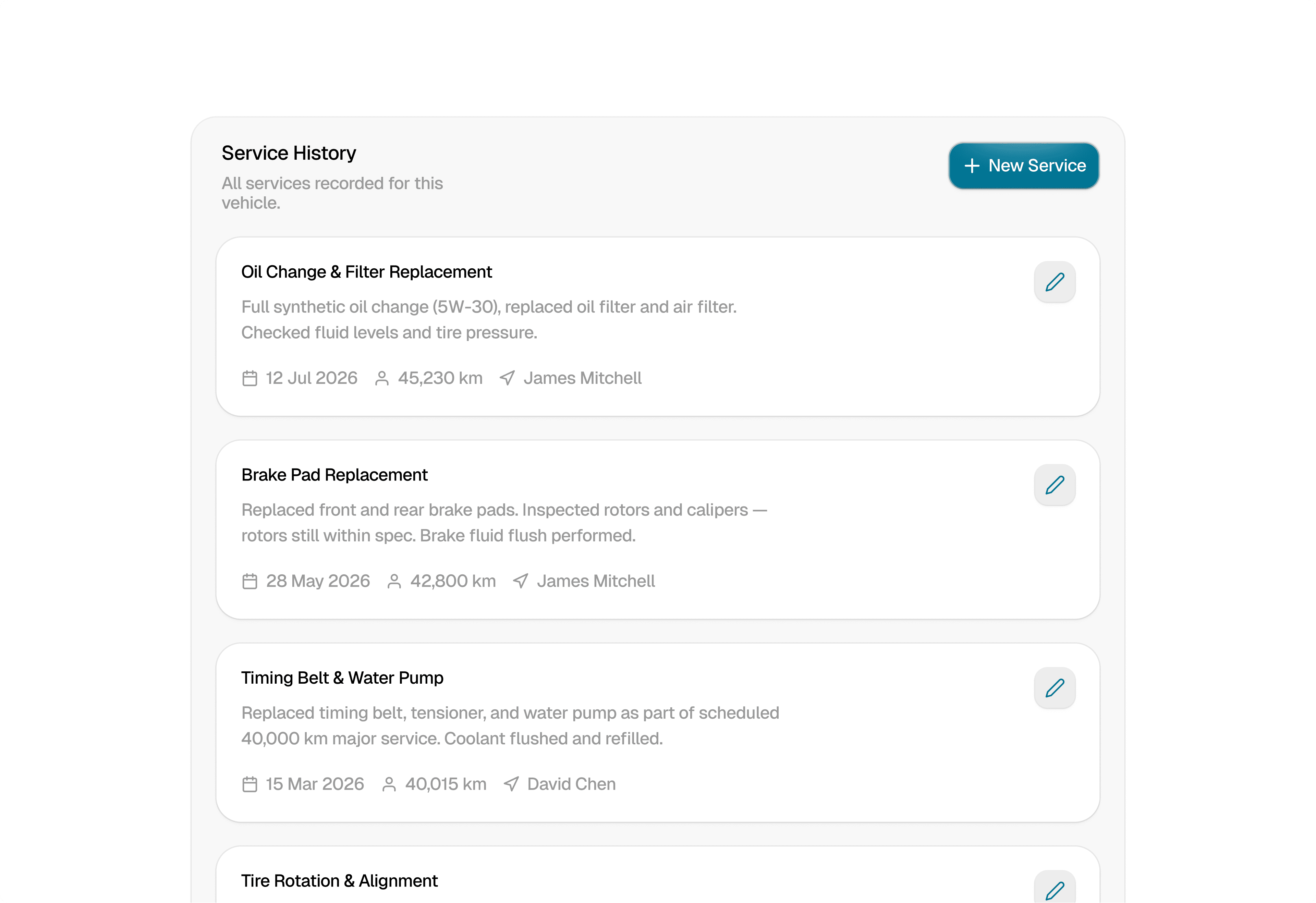 Vehicle management app showing a car's logged service history